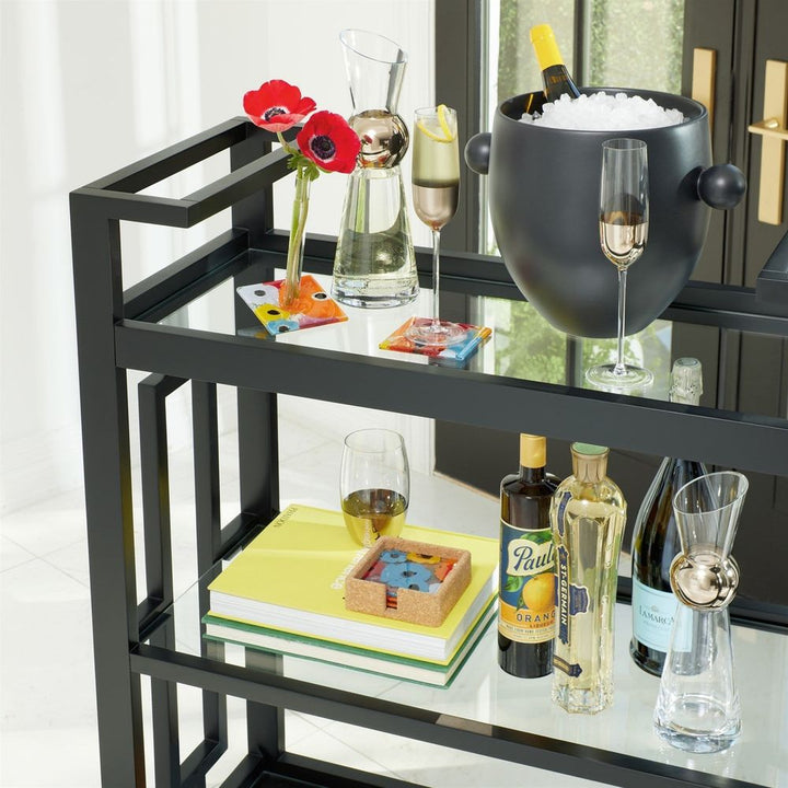 Bar Storage: Carts Grid Block Bar Cart-Black Lacquer with Shiny Brass Wheels