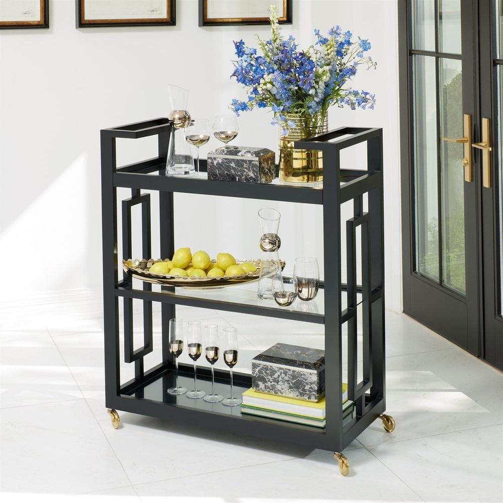 Grid Block Bar Cart-Black Lacquer with Shiny Brass Wheels
