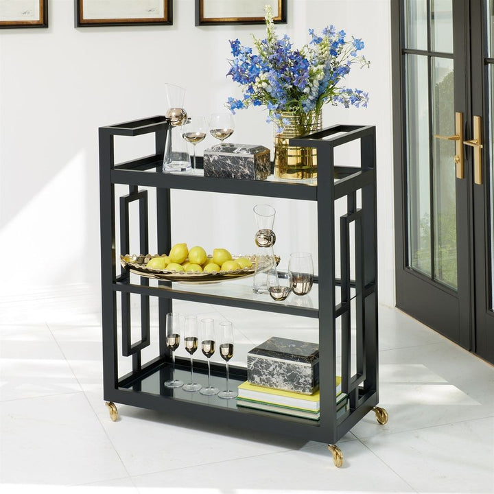 Grid Block Bar Cart-Black Lacquer with Shiny Brass Wheels