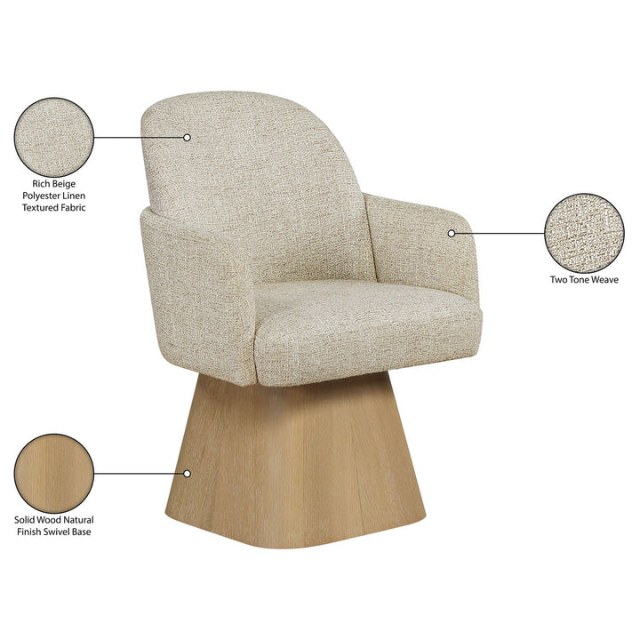 Marlowe Linen Textured Fabric Upholstered Swivel Dining Arm Chair — Beige / Stained Natural