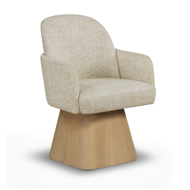 Marlowe Linen Textured Fabric Upholstered Swivel Dining Arm Chair — Beige / Stained Natural