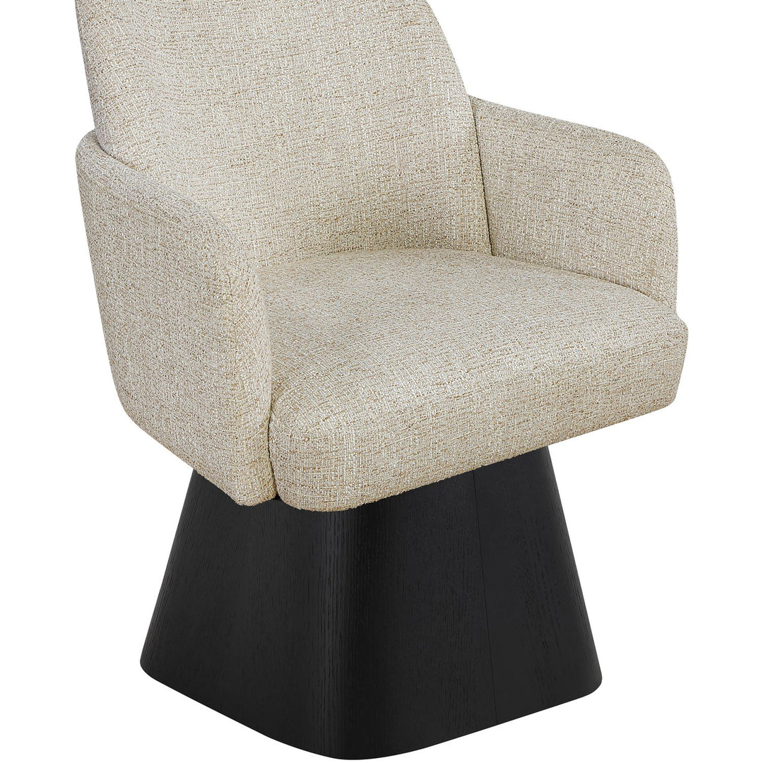 Marlowe Linen Textured Fabric Upholstered Swivel Dining Arm Chair — Beige / Stained Black