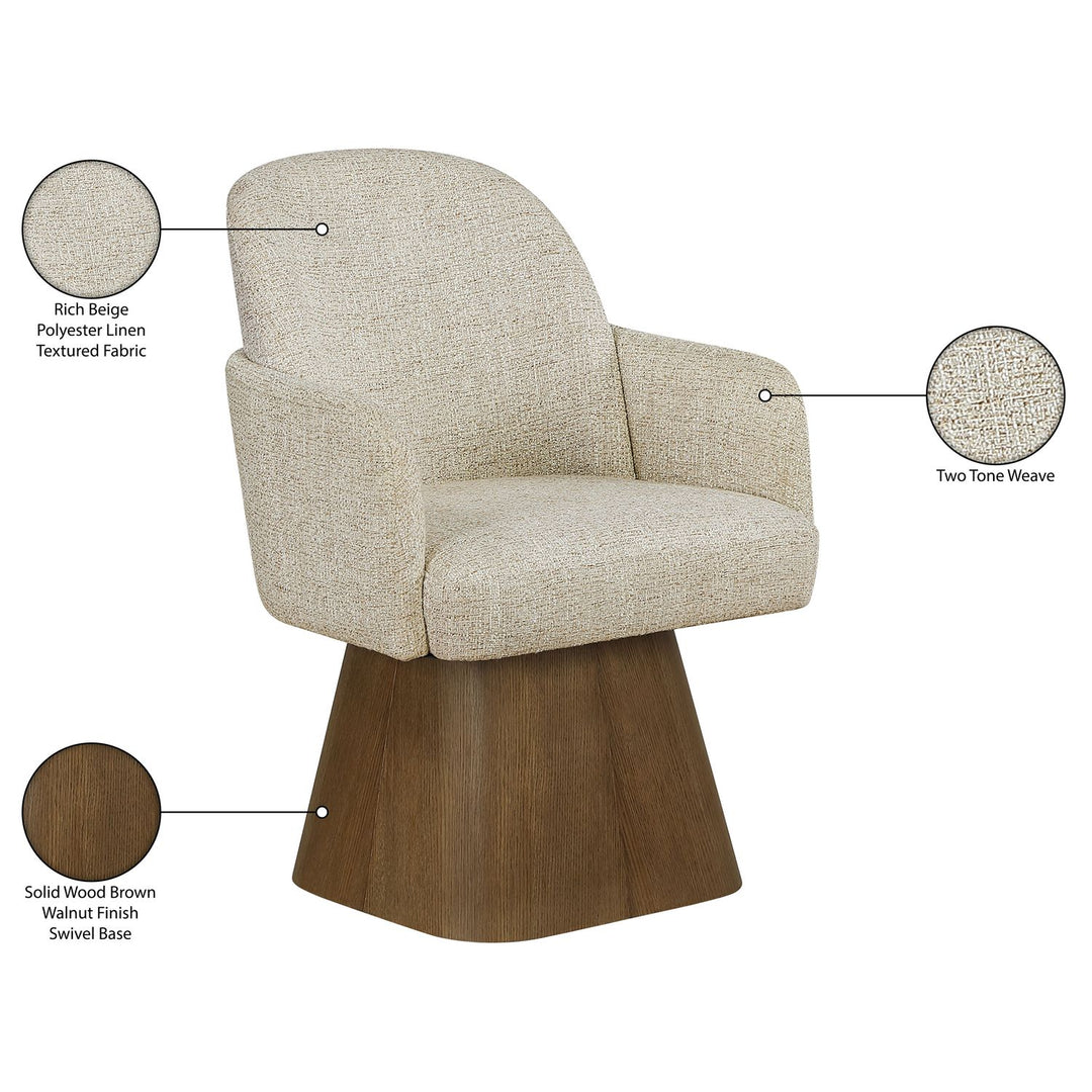 Marlowe Linen Textured Fabric Upholstered Swivel Dining Arm Chair — Beige / Stained Brown