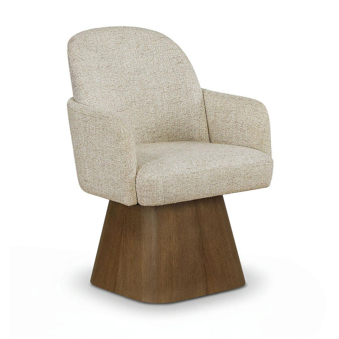 Marlowe Linen Textured Fabric Upholstered Swivel Dining Arm Chair — Beige / Stained Brown