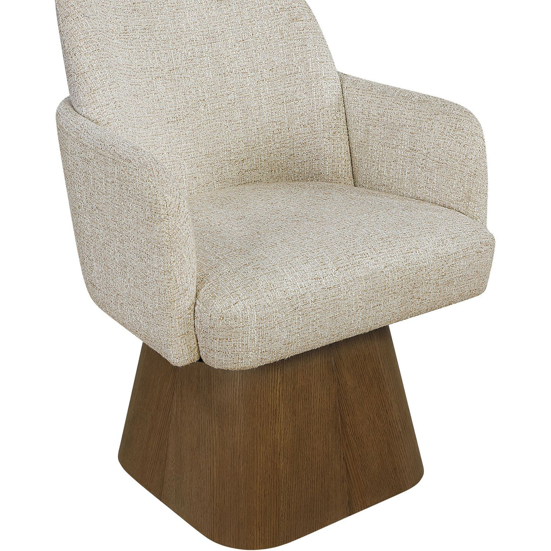 Marlowe Linen Textured Fabric Upholstered Swivel Dining Arm Chair — Beige / Stained Brown