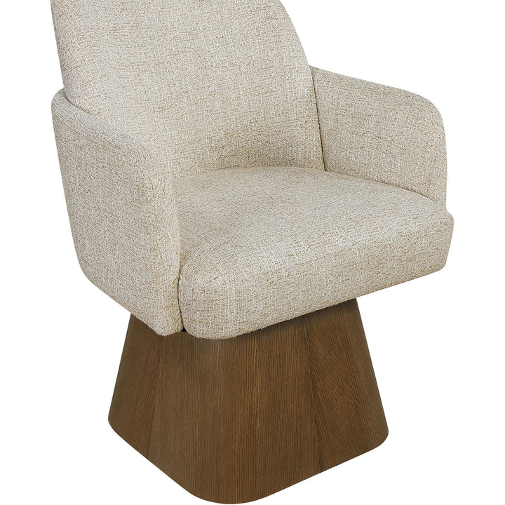 Marlowe Linen Textured Fabric Upholstered Swivel Dining Arm Chair — Beige / Stained Brown