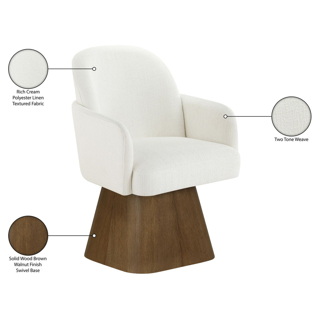 Marlowe Linen Textured Fabric Upholstered Swivel Dining Arm Chair — Cream / Stained Brown