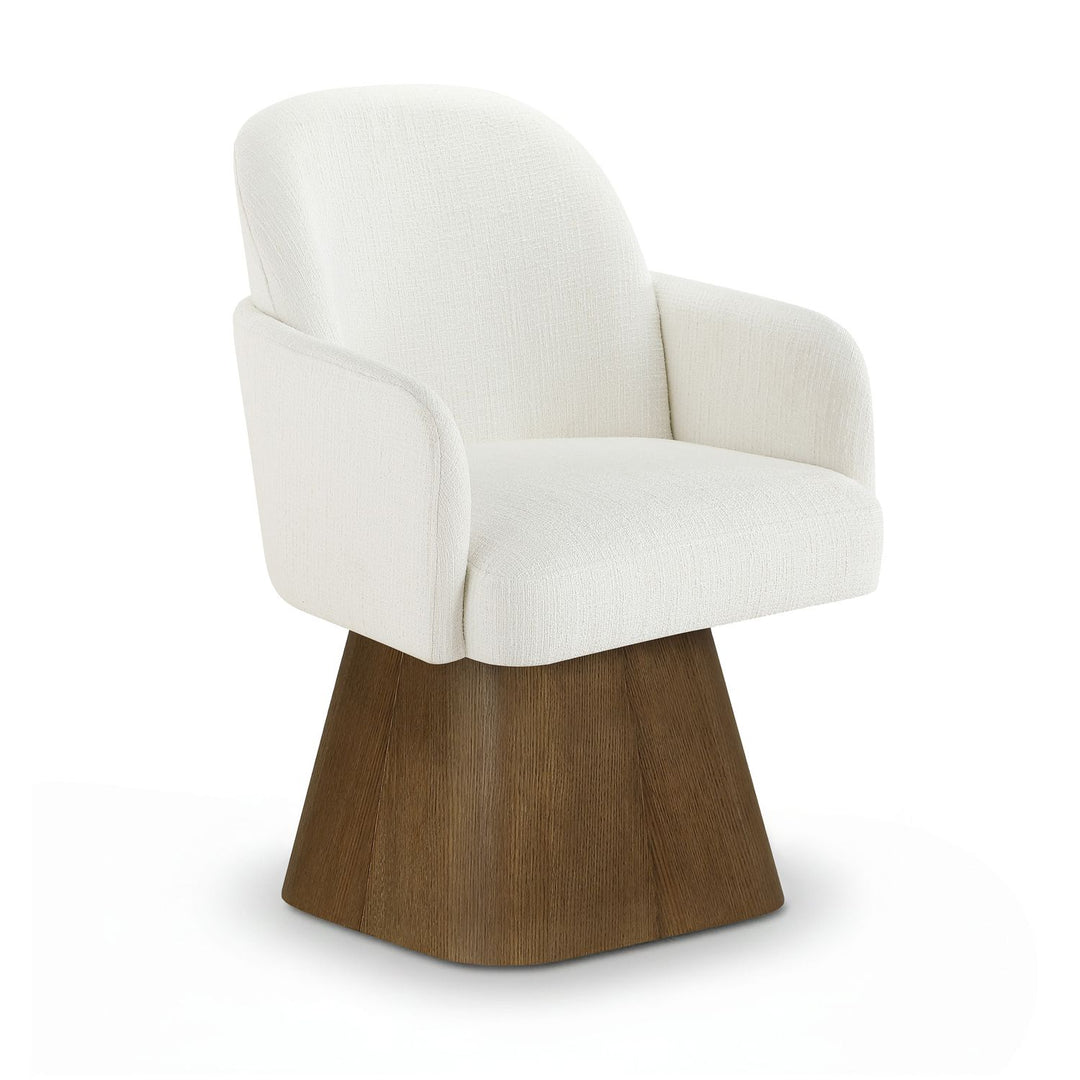 Marlowe Linen Textured Fabric Upholstered Swivel Dining Arm Chair — Cream / Stained Brown