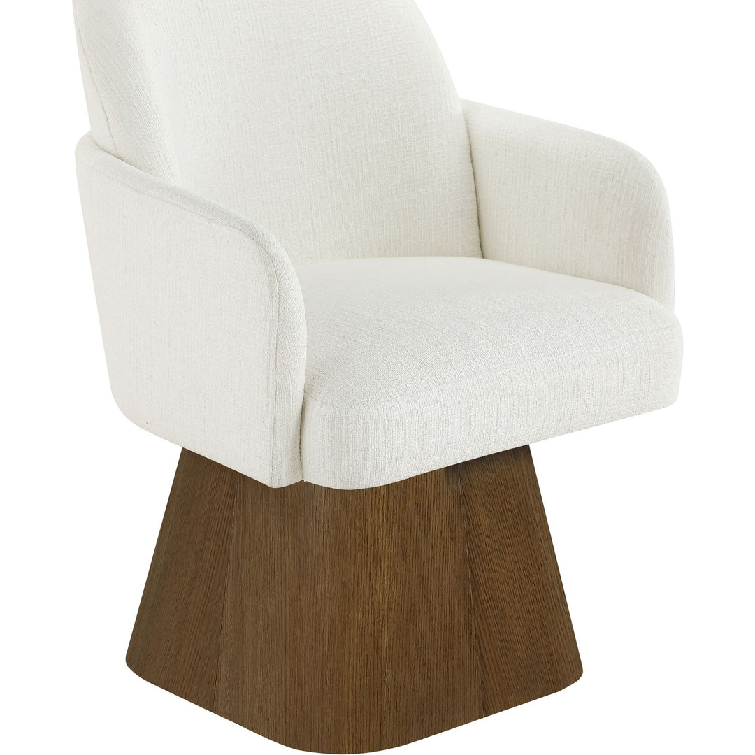 Marlowe Linen Textured Fabric Upholstered Swivel Dining Arm Chair — Cream / Stained Brown