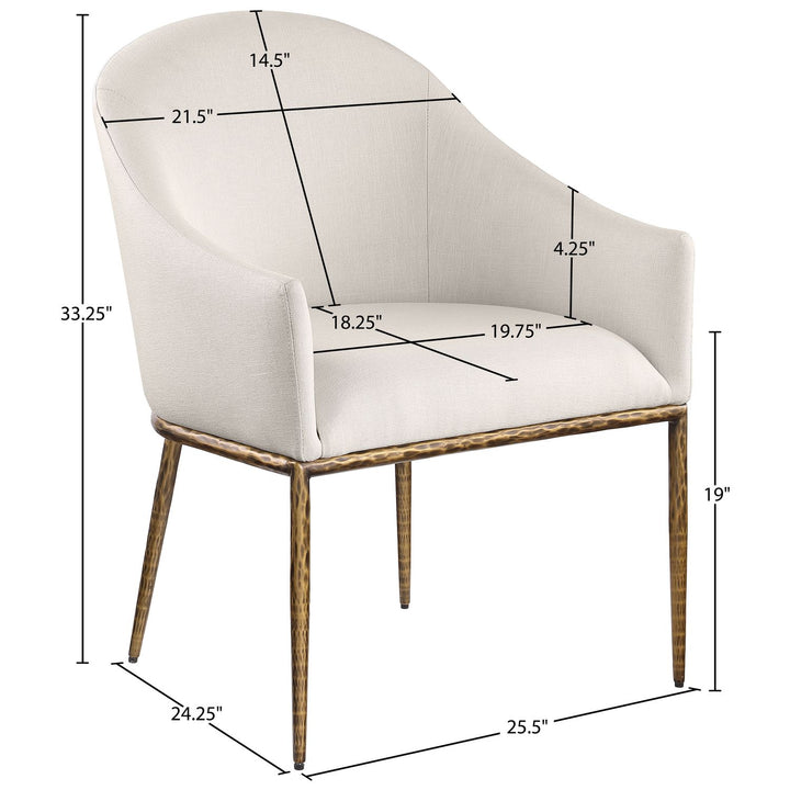 Ferro Linen Textured Performance Fabric Upholstered Dining Arm Chair — Beige / Brushed Gold