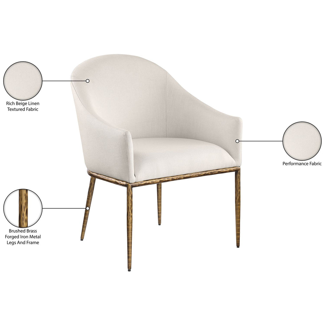 Ferro Linen Textured Performance Fabric Upholstered Dining Arm Chair — Beige / Brushed Gold