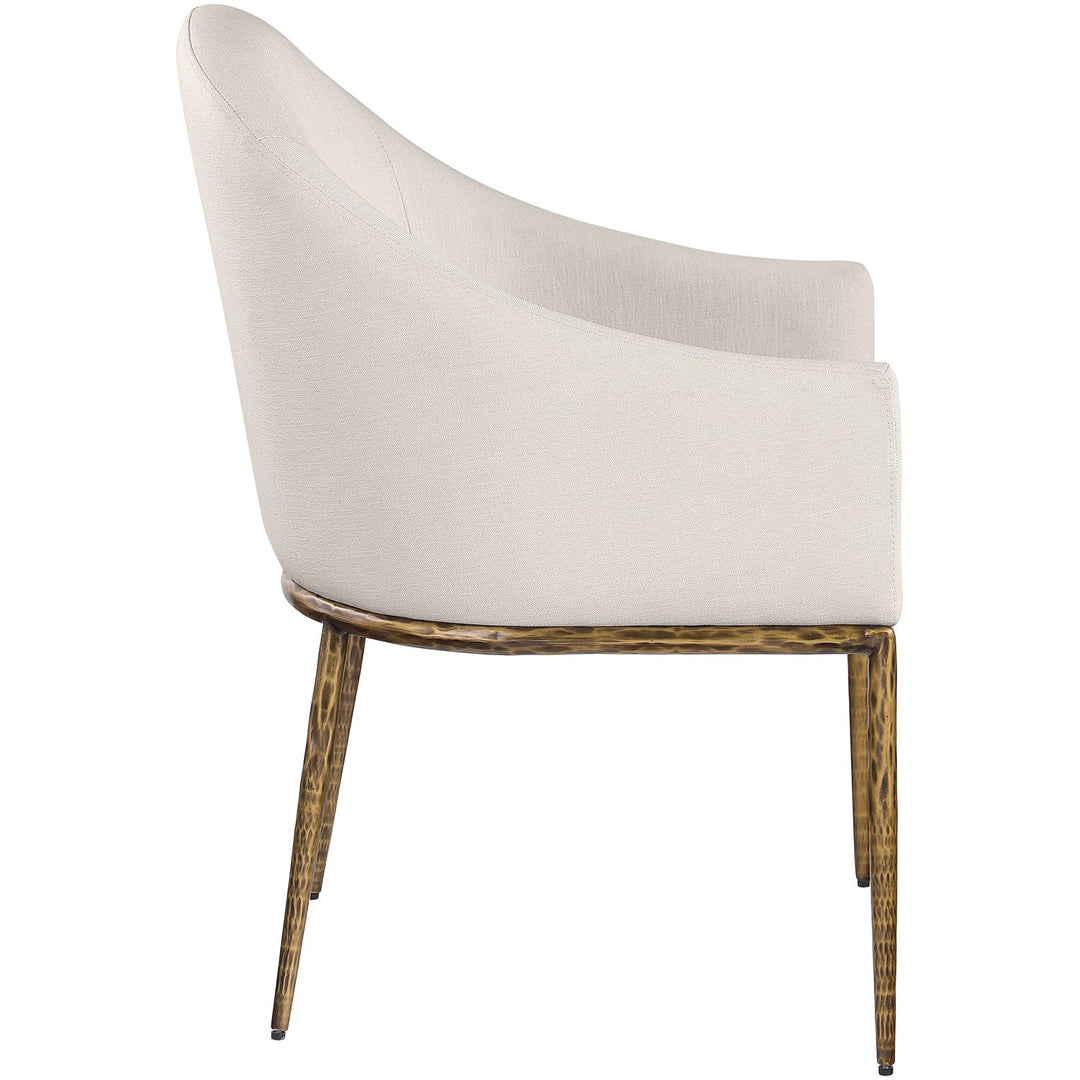 Ferro Linen Textured Performance Fabric Upholstered Dining Arm Chair — Beige / Brushed Gold