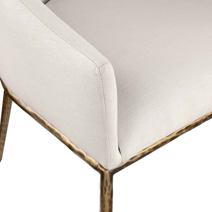 Ferro Linen Textured Performance Fabric Upholstered Dining Arm Chair — Beige / Brushed Gold