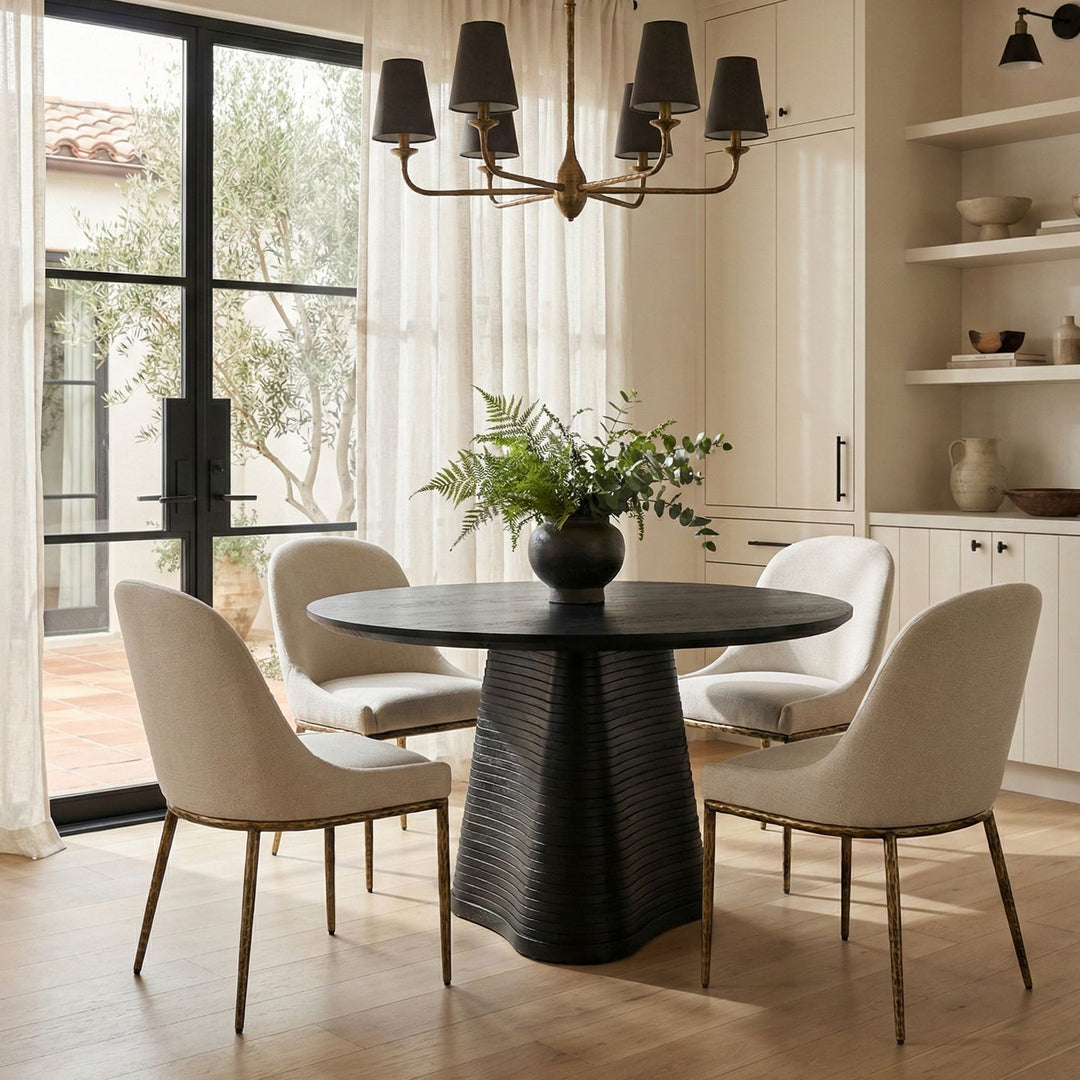 Ferro Linen Textured Performance Fabric Upholstered Dining Side Chair — Beige / Brushed Gold