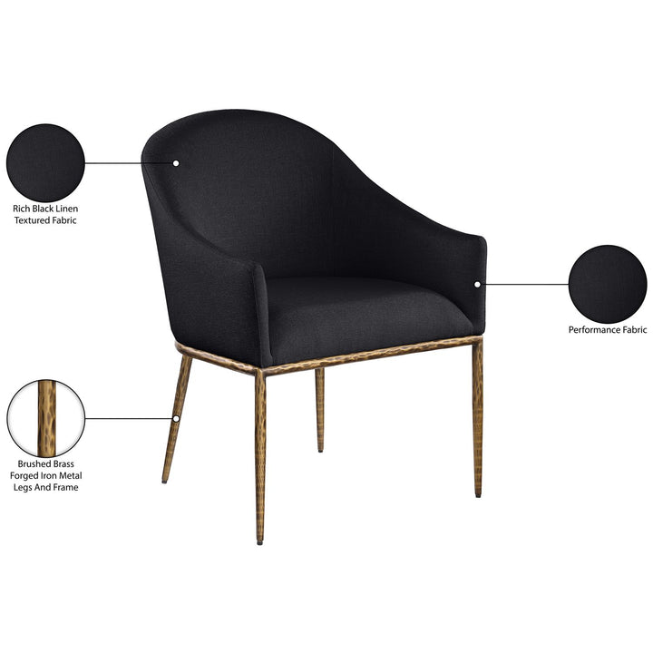 Ferro Linen Textured Performance Fabric Upholstered Dining Arm Chair — Black / Brushed Gold