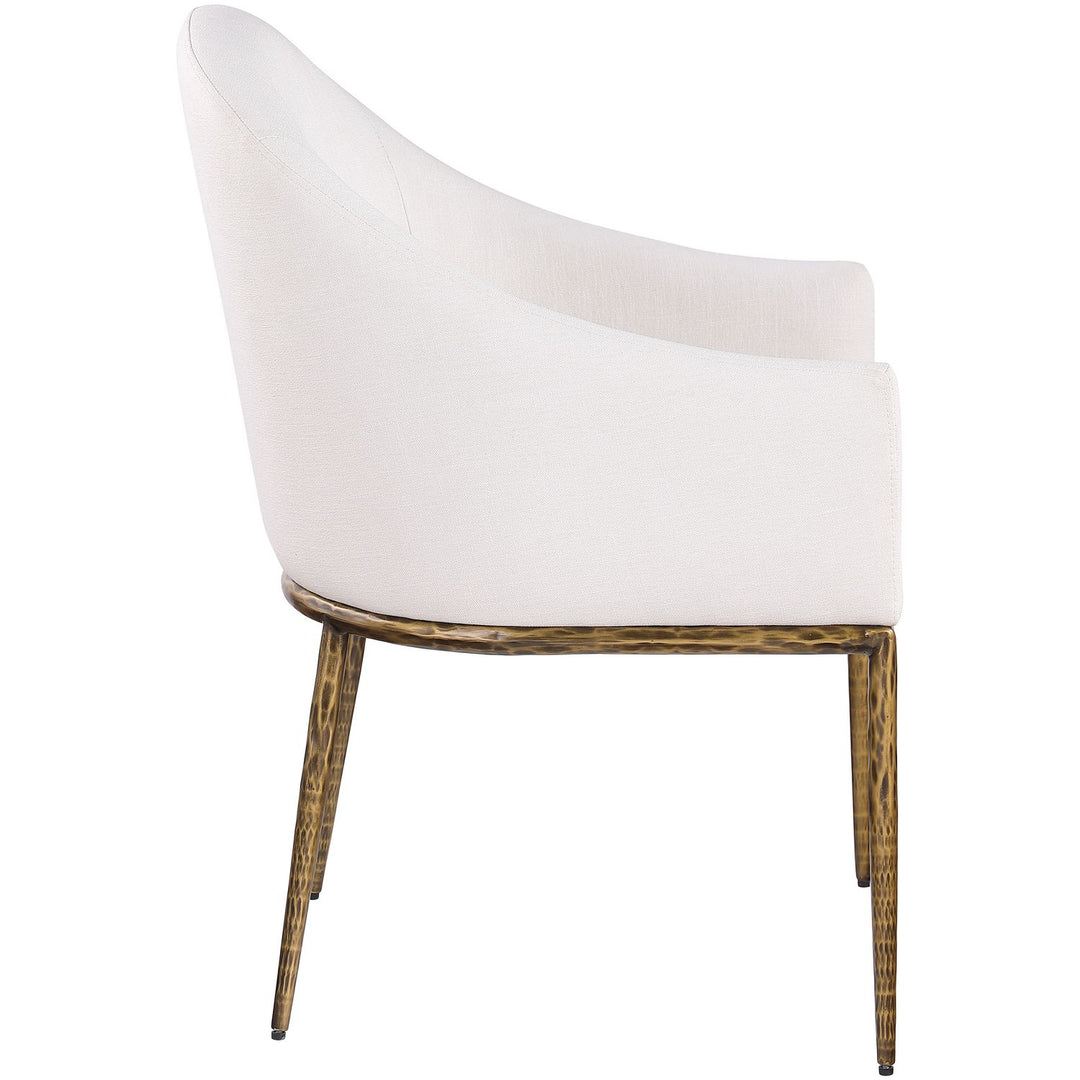 Ferro Linen Textured Performance Fabric Upholstered Dining Arm Chair — Cream / Brushed Gold