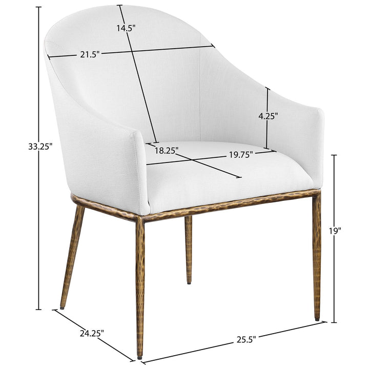 Ferro Linen Textured Performance Fabric Upholstered Dining Arm Chair — White / Brushed Gold