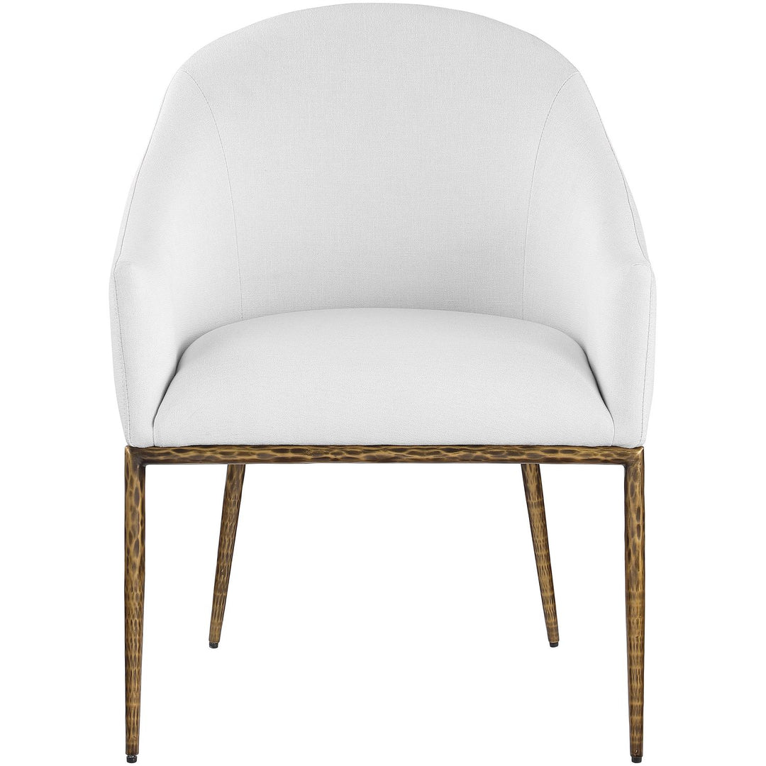 Ferro Linen Textured Performance Fabric Upholstered Dining Arm Chair — White / Brushed Gold