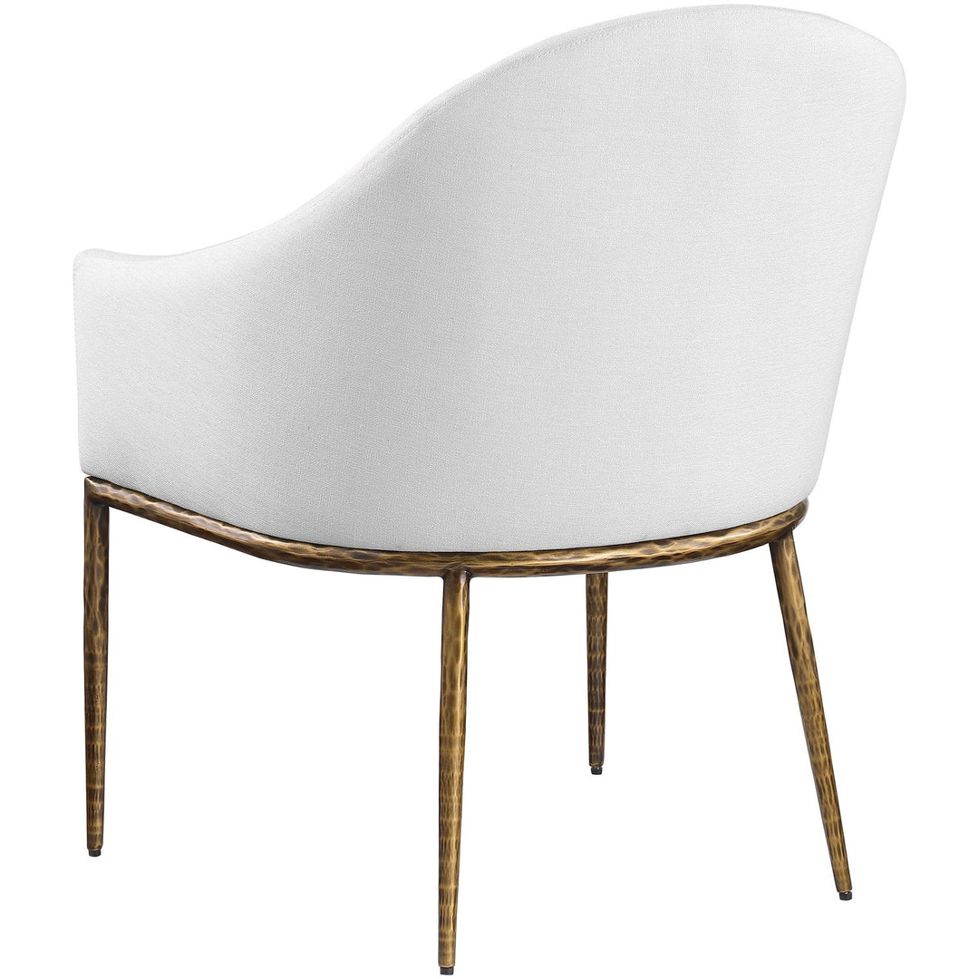 Ferro Linen Textured Performance Fabric Upholstered Dining Arm Chair — White / Brushed Gold