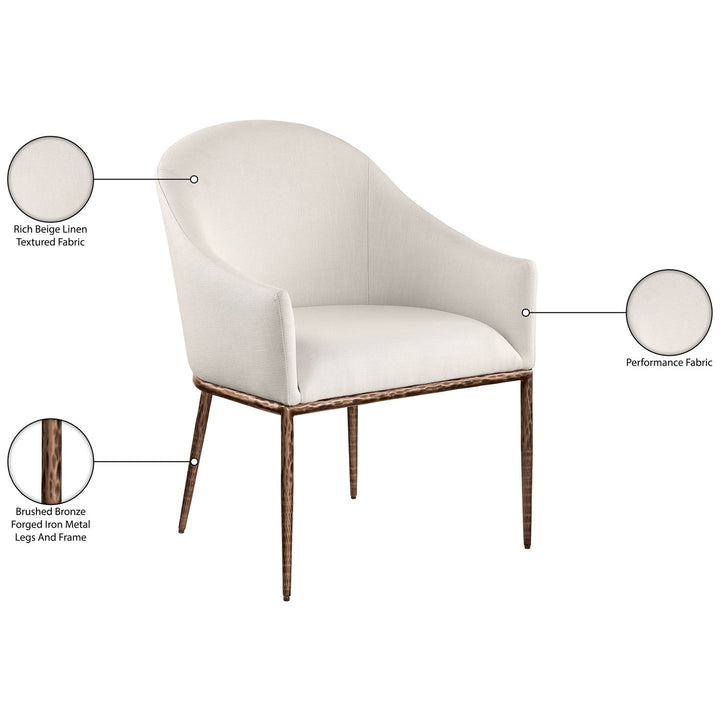 Ferro Linen Textured Performance Fabric Upholstered Dining Arm Chair — Beige / Brushed Bronze