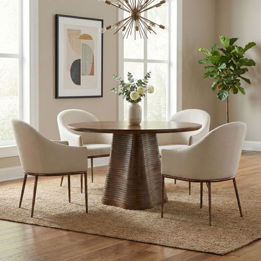 Ferro Linen Textured Performance Fabric Upholstered Dining Arm Chair — Beige / Brushed Bronze