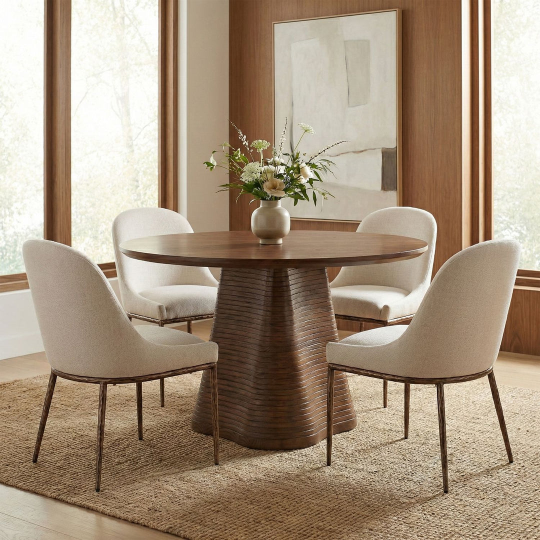 Ferro Linen Textured Performance Fabric Upholstered Dining Side Chair — Beige / Brushed Bronze