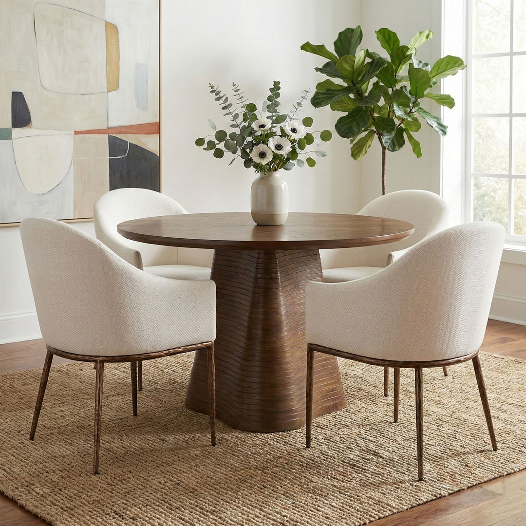 Ferro Linen Textured Performance Fabric Upholstered Dining Arm Chair — Cream / Brushed Bronze