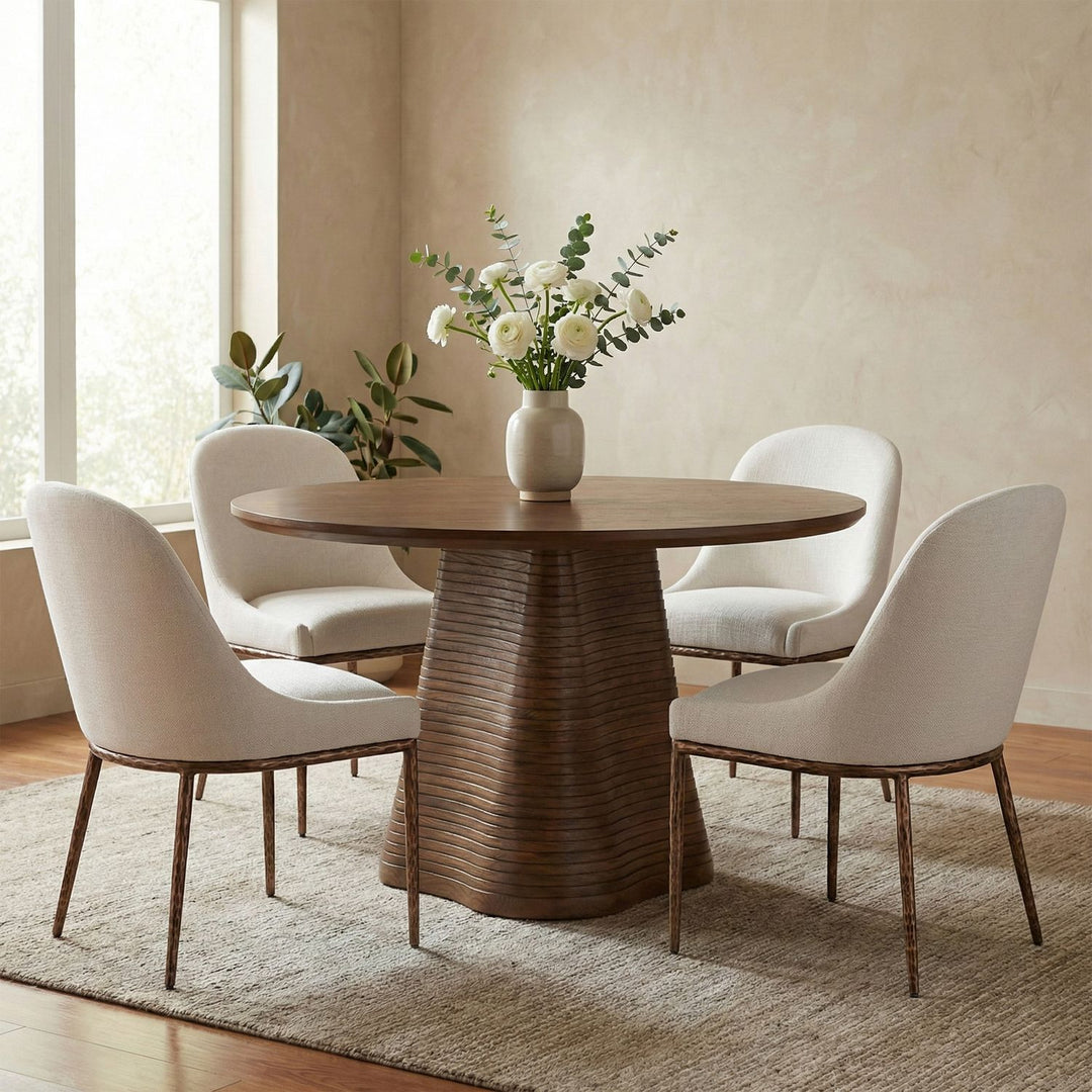Ferro Linen Textured Performance Fabric Upholstered Dining Side Chair — Cream / Brushed Bronze