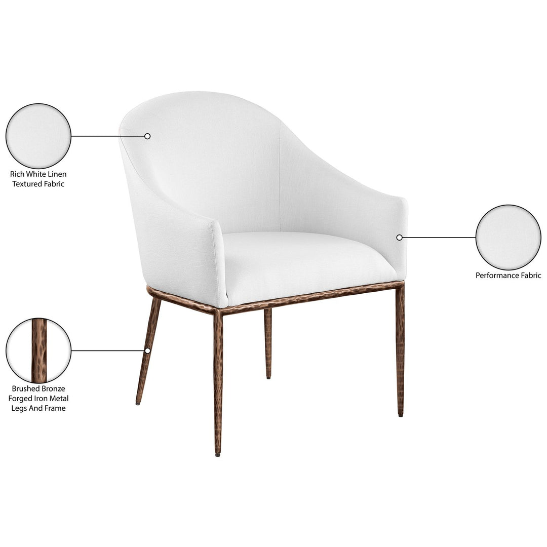 Ferro Linen Textured Performance Fabric Upholstered Dining Arm Chair — White / Brushed Bronze