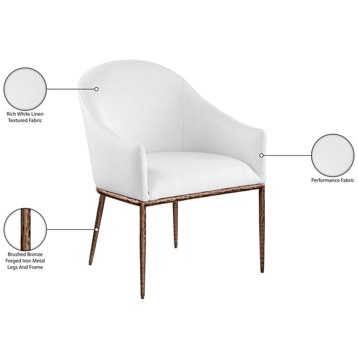 Ferro Linen Textured Performance Fabric Upholstered Dining Arm Chair — White / Brushed Bronze