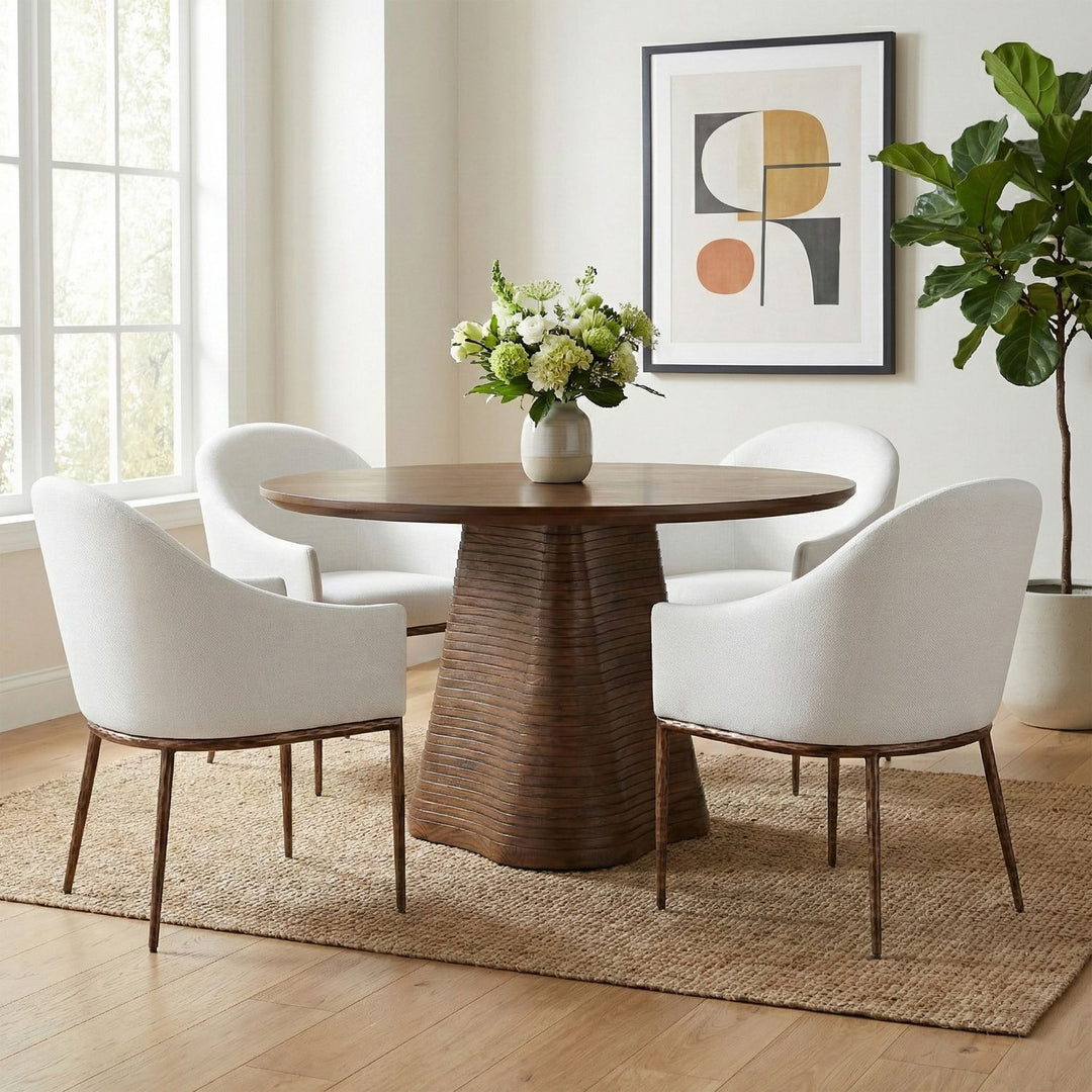 Ferro Linen Textured Performance Fabric Upholstered Dining Arm Chair — White / Brushed Bronze