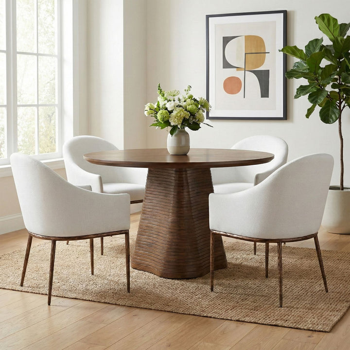 Ferro Linen Textured Performance Fabric Upholstered Dining Arm Chair — White / Brushed Bronze