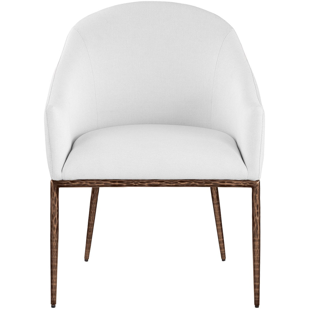 Ferro Linen Textured Performance Fabric Upholstered Dining Arm Chair — White / Brushed Bronze