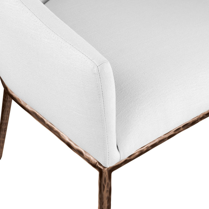 Ferro Linen Textured Performance Fabric Upholstered Dining Arm Chair — White / Brushed Bronze