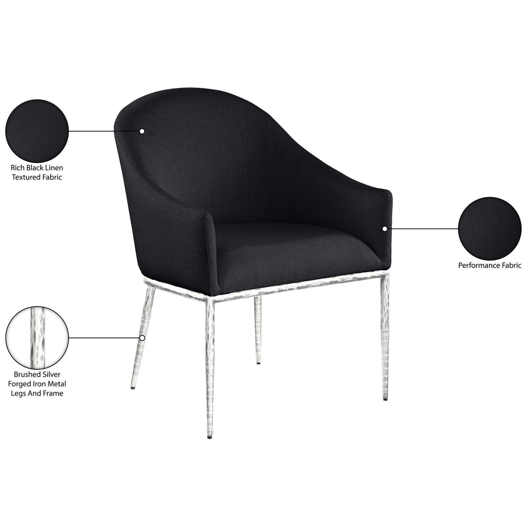 Ferro Linen Textured Performance Fabric Upholstered Dining Arm Chair — Black / Brushed Silver