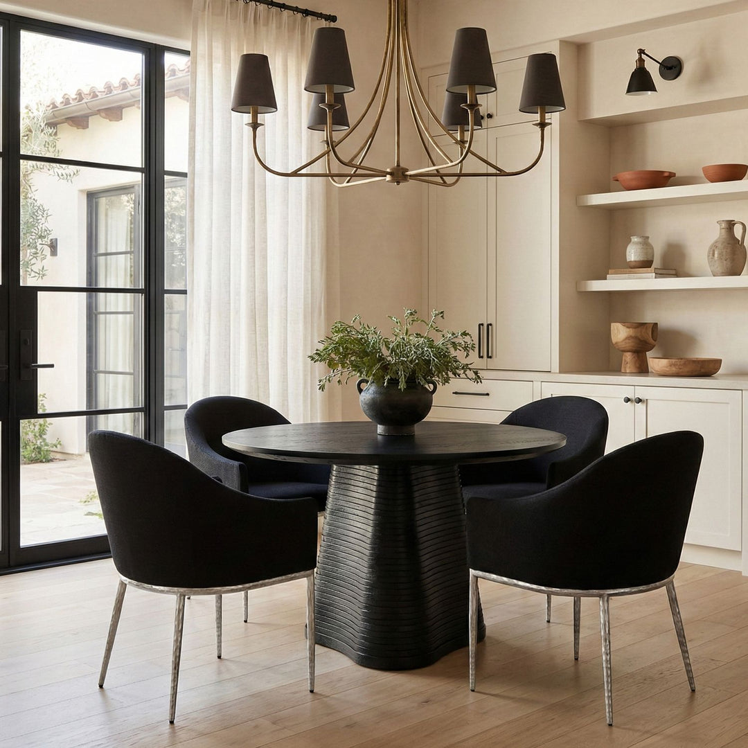 Ferro Linen Textured Performance Fabric Upholstered Dining Arm Chair — Black / Brushed Silver