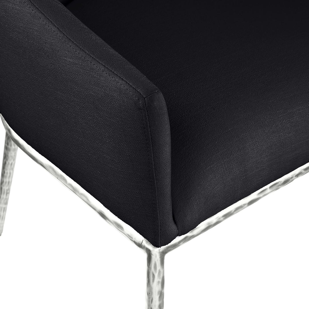 Ferro Linen Textured Performance Fabric Upholstered Dining Arm Chair — Black / Brushed Silver