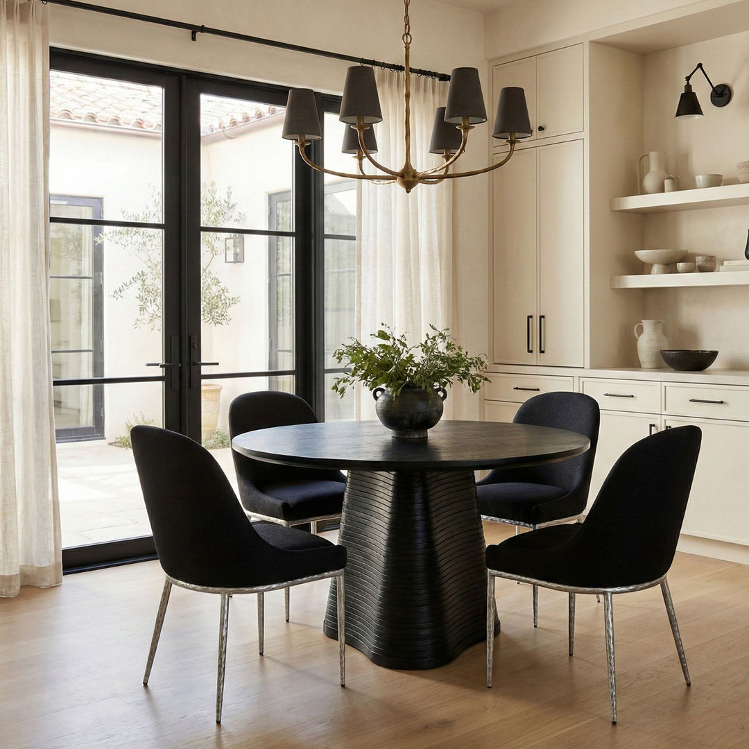 Ferro Linen Textured Performance Fabric Upholstered Dining Side Chair — Black / Brushed Silver