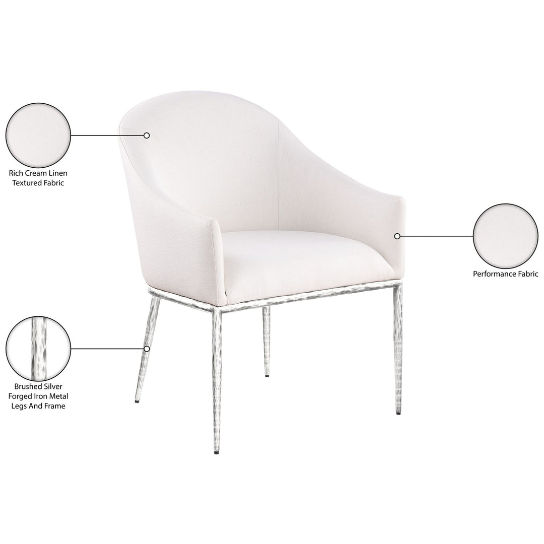 Ferro Linen Textured Performance Fabric Upholstered Dining Arm Chair — Cream / Brushed Silver