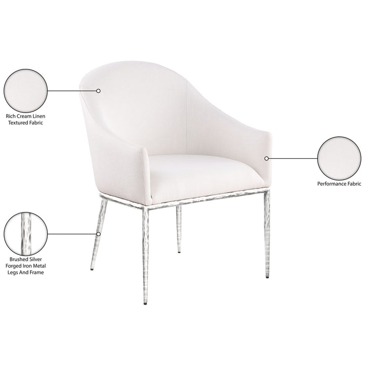 Ferro Linen Textured Performance Fabric Upholstered Dining Arm Chair — Cream / Brushed Silver