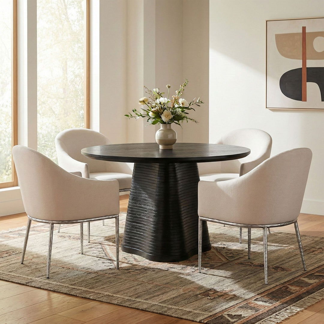 Ferro Linen Textured Performance Fabric Upholstered Dining Arm Chair — Cream / Brushed Silver