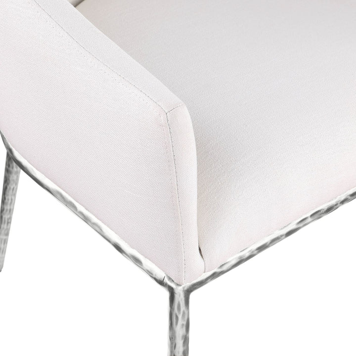Ferro Linen Textured Performance Fabric Upholstered Dining Arm Chair — Cream / Brushed Silver