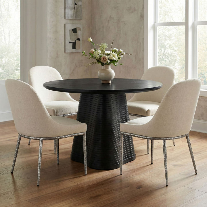 Ferro Linen Textured Performance Fabric Upholstered Dining Side Chair — Cream / Brushed Silver