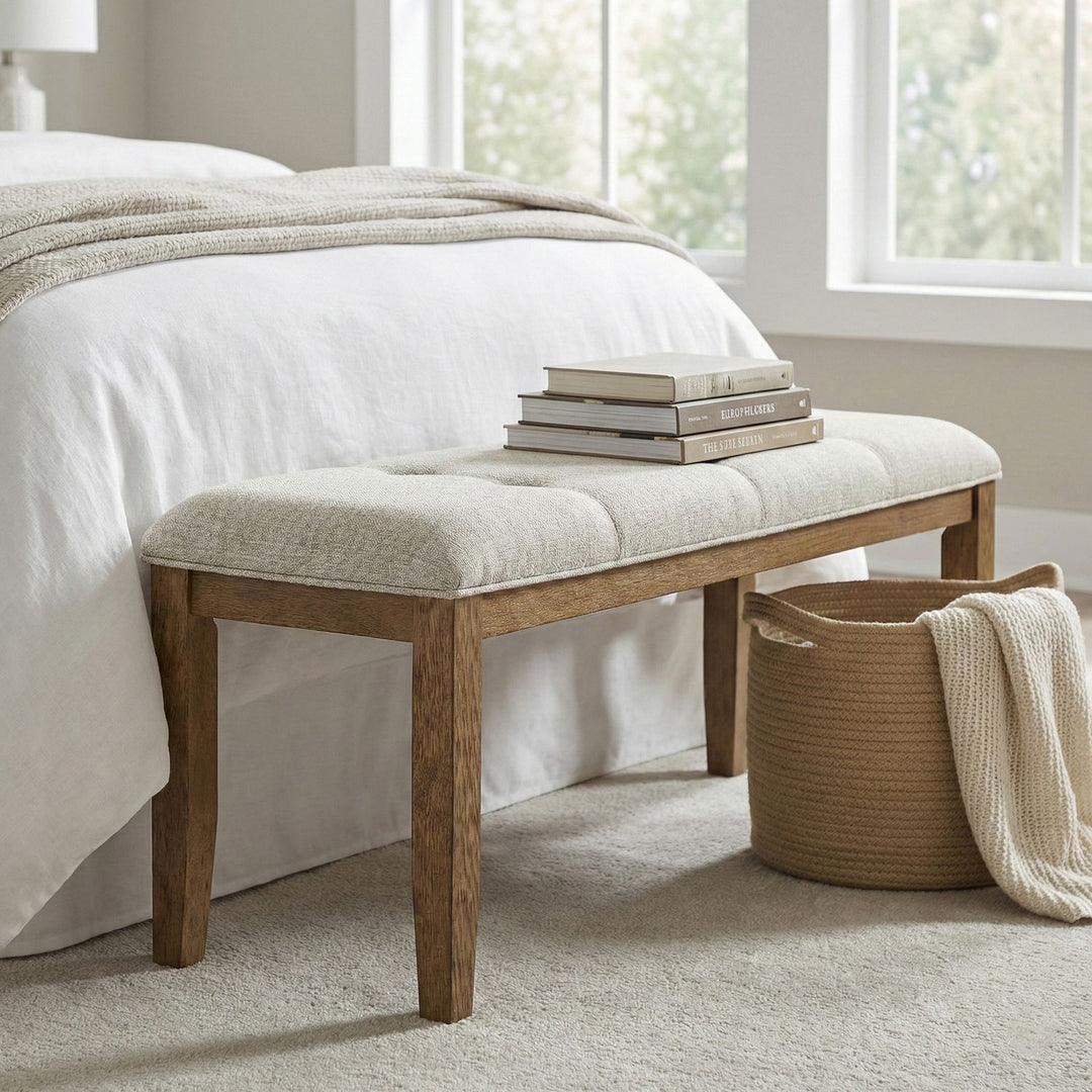 Ananda Fabric Upholstered Bench — Beige / Brushed Brown
