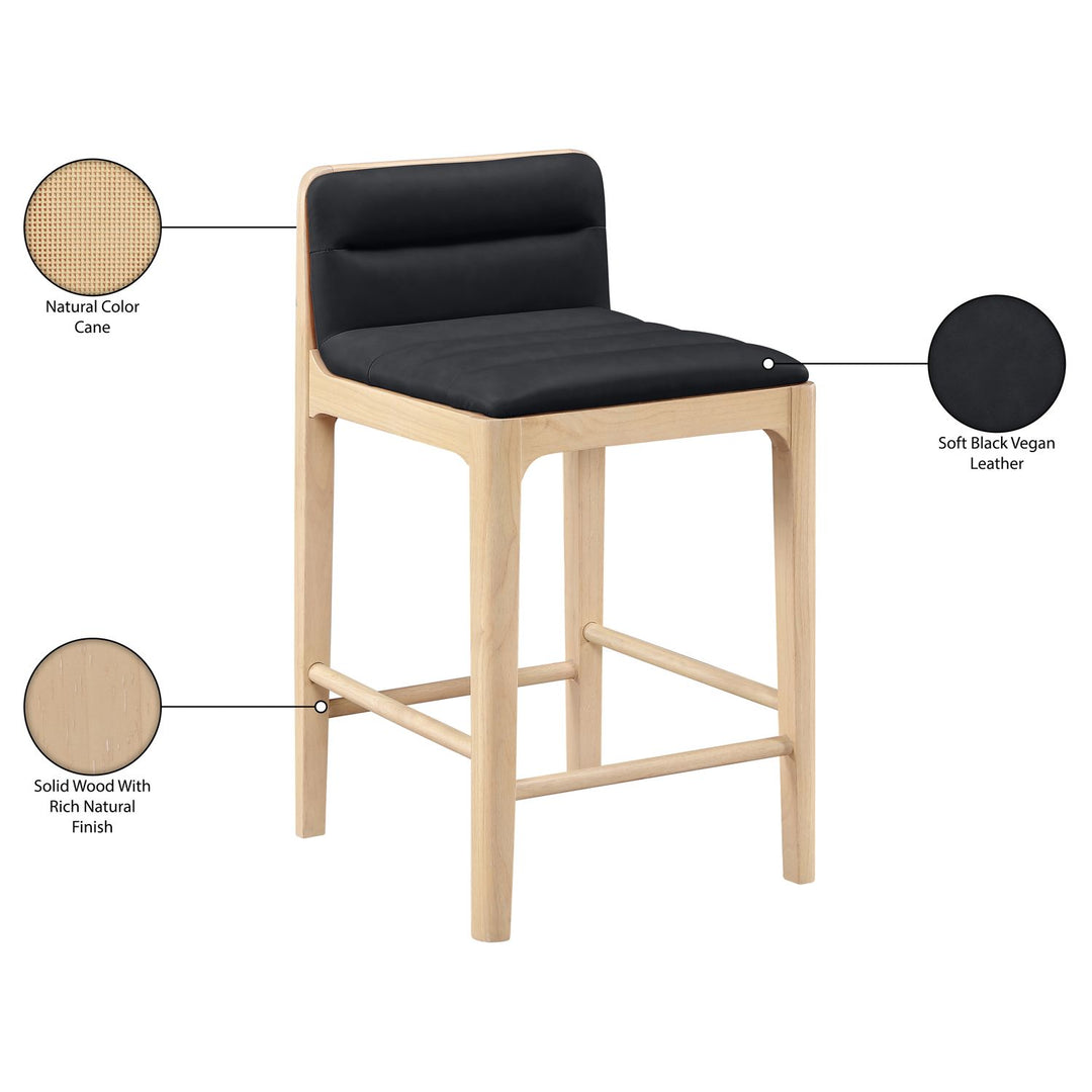 Ellis Cane And Vegan Leather Upholstered Counter Stool — Black / Natural