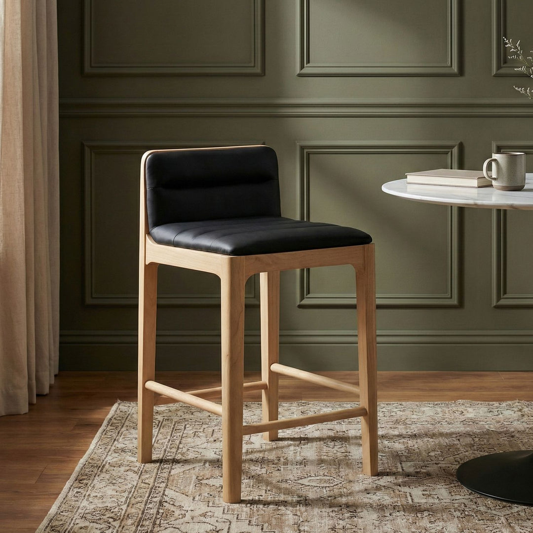 Ellis Cane And Vegan Leather Upholstered Counter Stool — Black / Natural