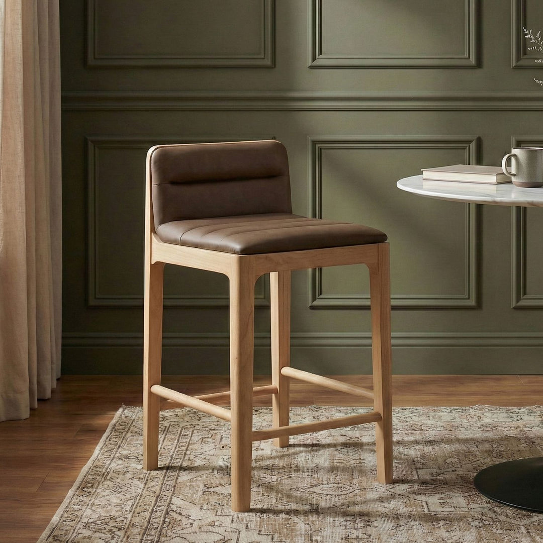 Ellis Cane And Vegan Leather Upholstered Counter Stool — Brown / Natural