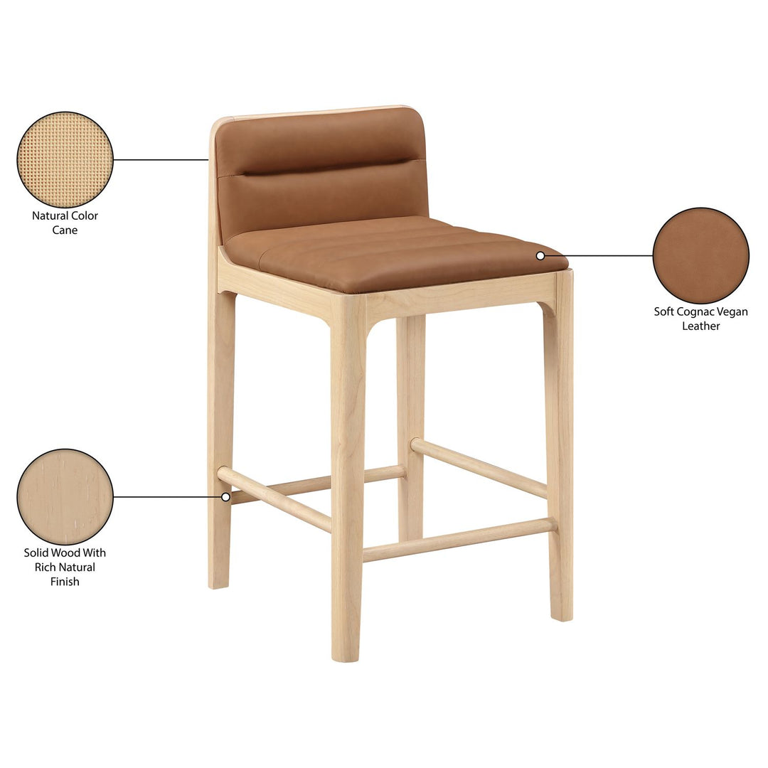 Ellis Cane And Vegan Leather Upholstered Counter Stool — Cognac / Natural