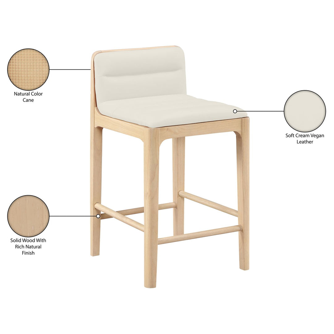 Ellis Cane And Vegan Leather Upholstered Counter Stool — Cream / Natural