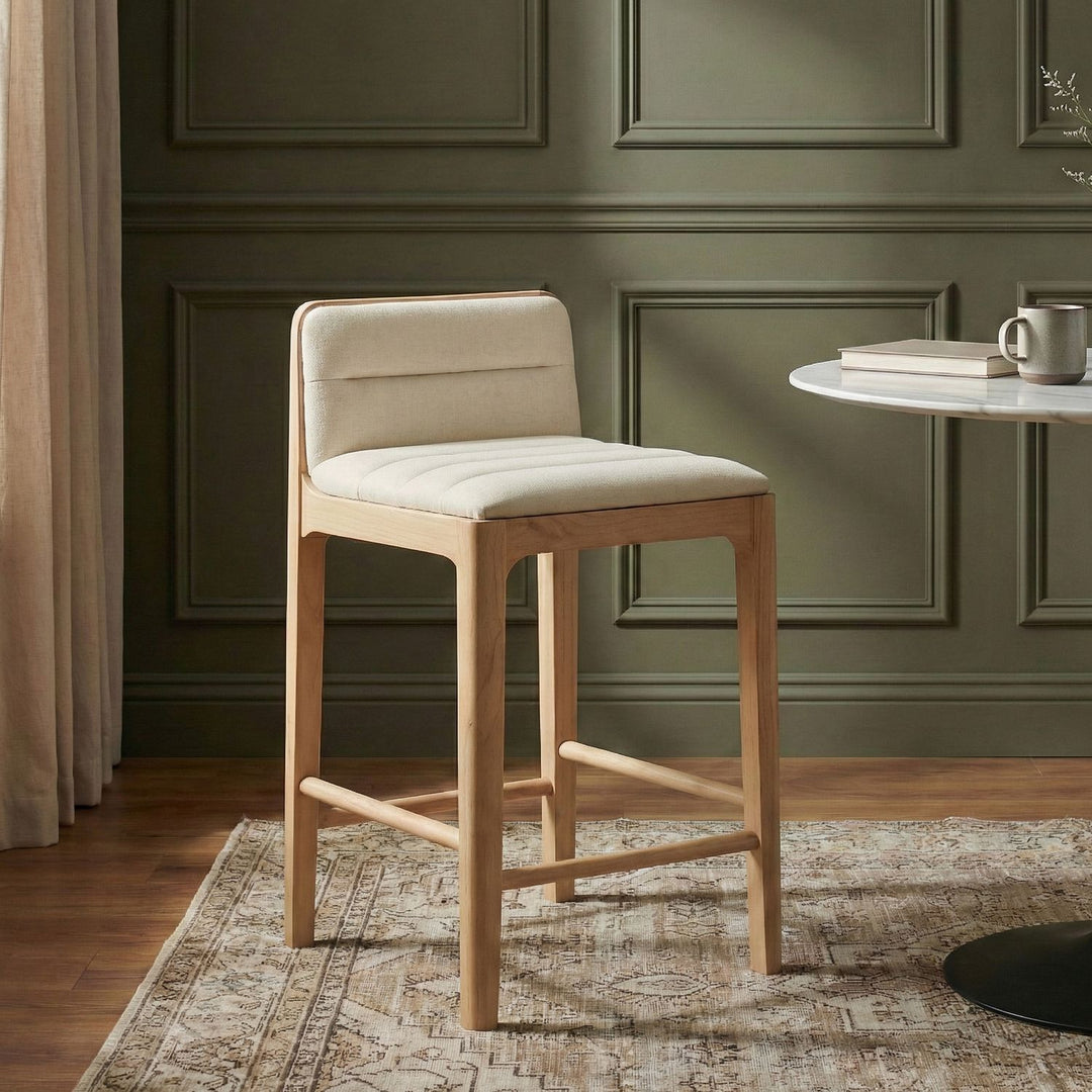 Ellis Cane And Vegan Leather Upholstered Counter Stool — Cream / Natural